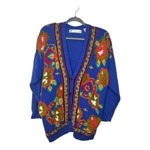 Claus Vintage Blue Knit Autumnal Embroidered Button Down Cardigan size large
